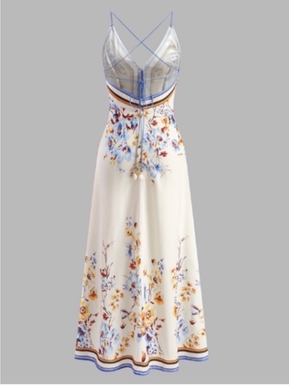 COMMENSE Blue White Floral Print Open Back Midi Dress NWT - Picture 2 of 16